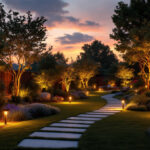 A photograph of a beautifully illuminated backyard at dusk