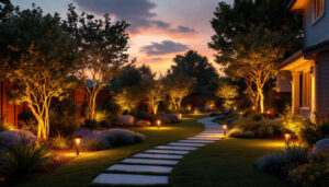 A photograph of a beautifully illuminated backyard at dusk