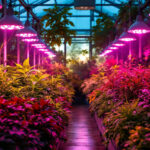 A photograph of a well-lit indoor greenhouse showcasing various plants thriving under different types of grow lamps