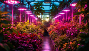 A photograph of a well-lit indoor greenhouse showcasing various plants thriving under different types of grow lamps