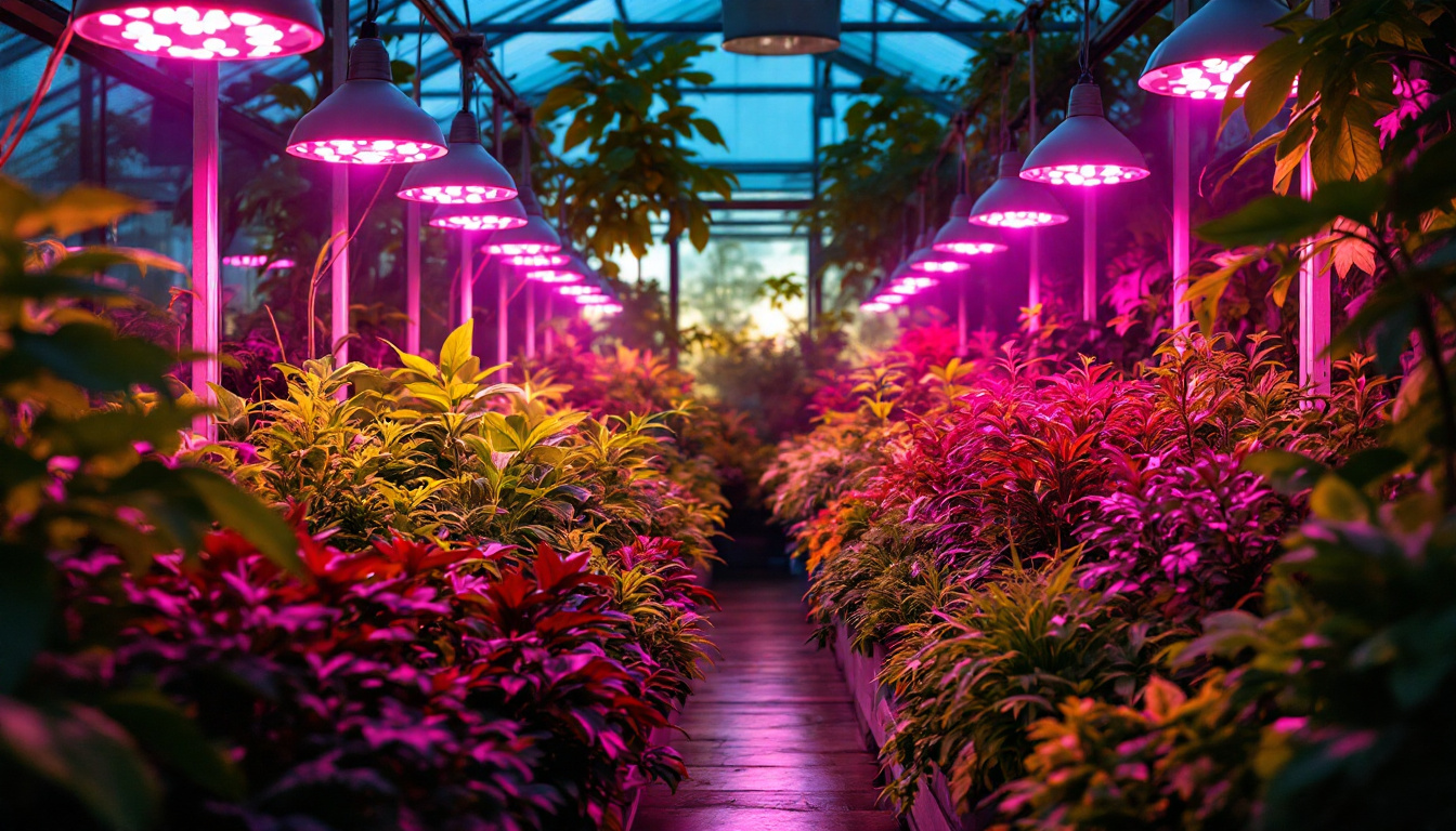 A photograph of a well-lit indoor greenhouse showcasing various plants thriving under different types of grow lamps