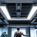 A photograph of an illuminated 2x2 led drop ceiling light installed in a modern office space