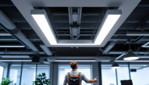 A photograph of an illuminated 2x2 led drop ceiling light installed in a modern office space