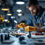 A photograph of a skilled lighting contractor expertly handling various plug cords and lighting fixtures in a well-lit workspace