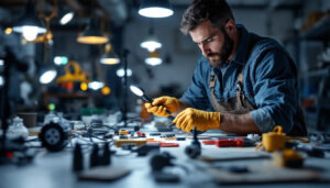 A photograph of a skilled lighting contractor expertly handling various plug cords and lighting fixtures in a well-lit workspace