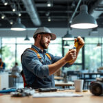 A photograph of a lighting contractor skillfully installing energy-efficient led fixtures in a modern commercial space