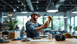 A photograph of a lighting contractor skillfully installing energy-efficient led fixtures in a modern commercial space