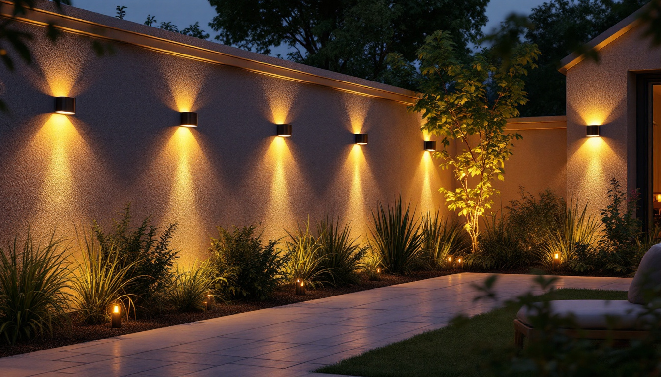 A photograph of a beautifully illuminated outdoor space featuring solar wall lighting