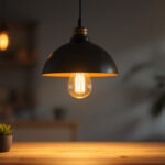 A photograph of a beautifully designed pendant light fixture illuminating a stylish workspace