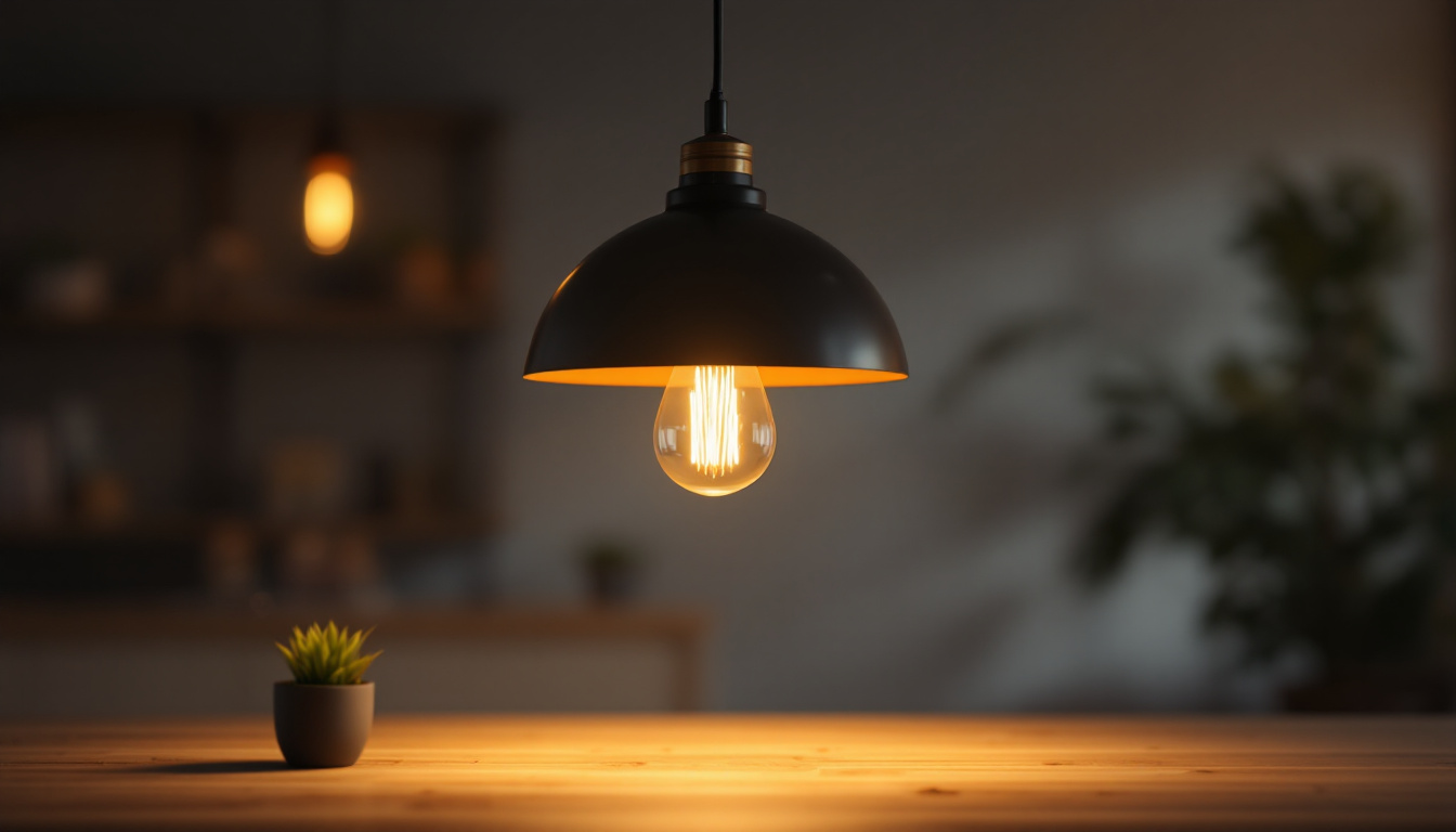 A photograph of a beautifully designed pendant light fixture illuminating a stylish workspace