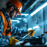 A photograph of a lighting contractor working on a fluorescent tube conversion to led
