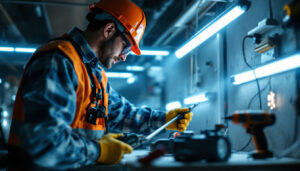 A photograph of a lighting contractor working on a fluorescent tube conversion to led