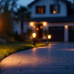 A photograph of a well-lit driveway featuring solar-powered markers at dusk