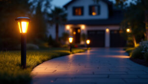 A photograph of a well-lit driveway featuring solar-powered markers at dusk