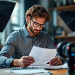 A photograph of a lighting professional meticulously reviewing a comprehensive checklist in a well-lit workspace