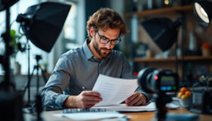 A photograph of a lighting professional meticulously reviewing a comprehensive checklist in a well-lit workspace