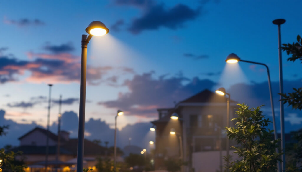 A photograph of a well-lit commercial outdoor space at dusk