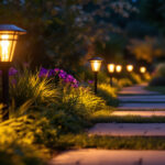 A photograph of a beautifully illuminated outdoor space featuring pathway solar lights in a natural setting