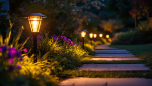 A photograph of a beautifully illuminated outdoor space featuring pathway solar lights in a natural setting
