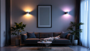A photograph of a stylishly designed room featuring various led sconces in different styles and placements