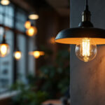 A photograph of a stylish and modern office light fixture in a well-lit workspace
