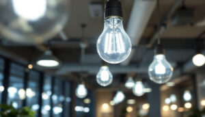 A photograph of a well-lit interior space showcasing t5 led globes in various fixtures
