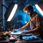 A photograph of a lighting contractor in action