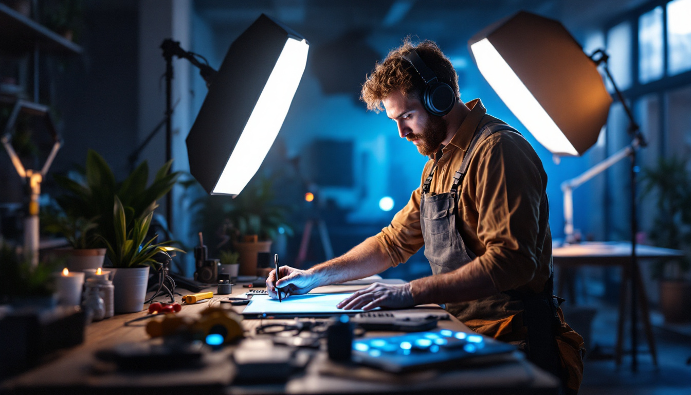 A photograph of a lighting contractor in action