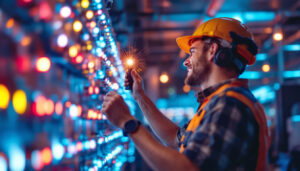A photograph of a lighting contractor showcasing a vibrant display of hid lights in a commercial setting