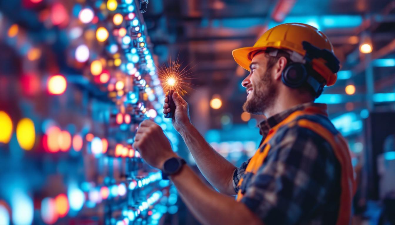 A photograph of a lighting contractor showcasing a vibrant display of hid lights in a commercial setting