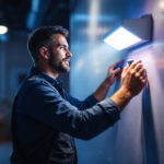 A photograph of a lighting contractor installing or demonstrating a uv-c sanitizing light in a commercial or residential setting