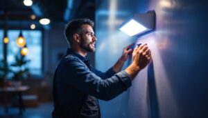 A photograph of a lighting contractor installing or demonstrating a uv-c sanitizing light in a commercial or residential setting