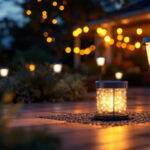A photograph of a beautifully illuminated outdoor space showcasing various solar-powered lights in action