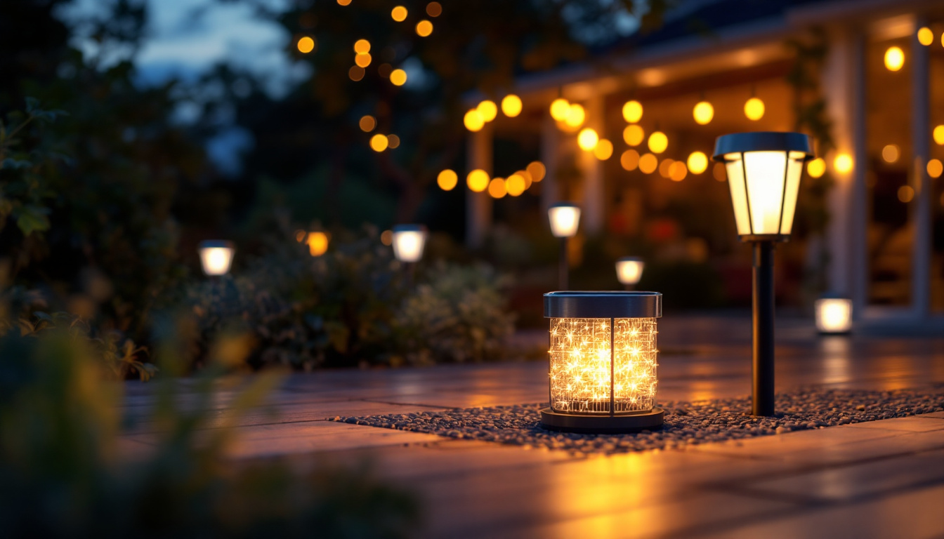 A photograph of a beautifully illuminated outdoor space showcasing various solar-powered lights in action