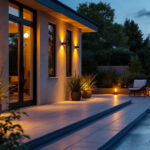 A photograph of a beautifully designed exterior patio illuminated by stylish light fixtures at dusk