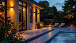 A photograph of a beautifully designed exterior patio illuminated by stylish light fixtures at dusk