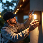 A photograph of a lighting contractor installing or adjusting a sleek