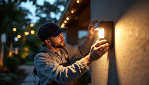 A photograph of a lighting contractor installing or adjusting a sleek
