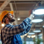 A photograph of a lighting contractor installing or inspecting commercial led lighting fixtures in a modern office or retail space