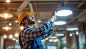 A photograph of a lighting contractor installing or inspecting commercial led lighting fixtures in a modern office or retail space