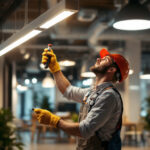 A photograph of a lighting contractor installing energy-efficient
