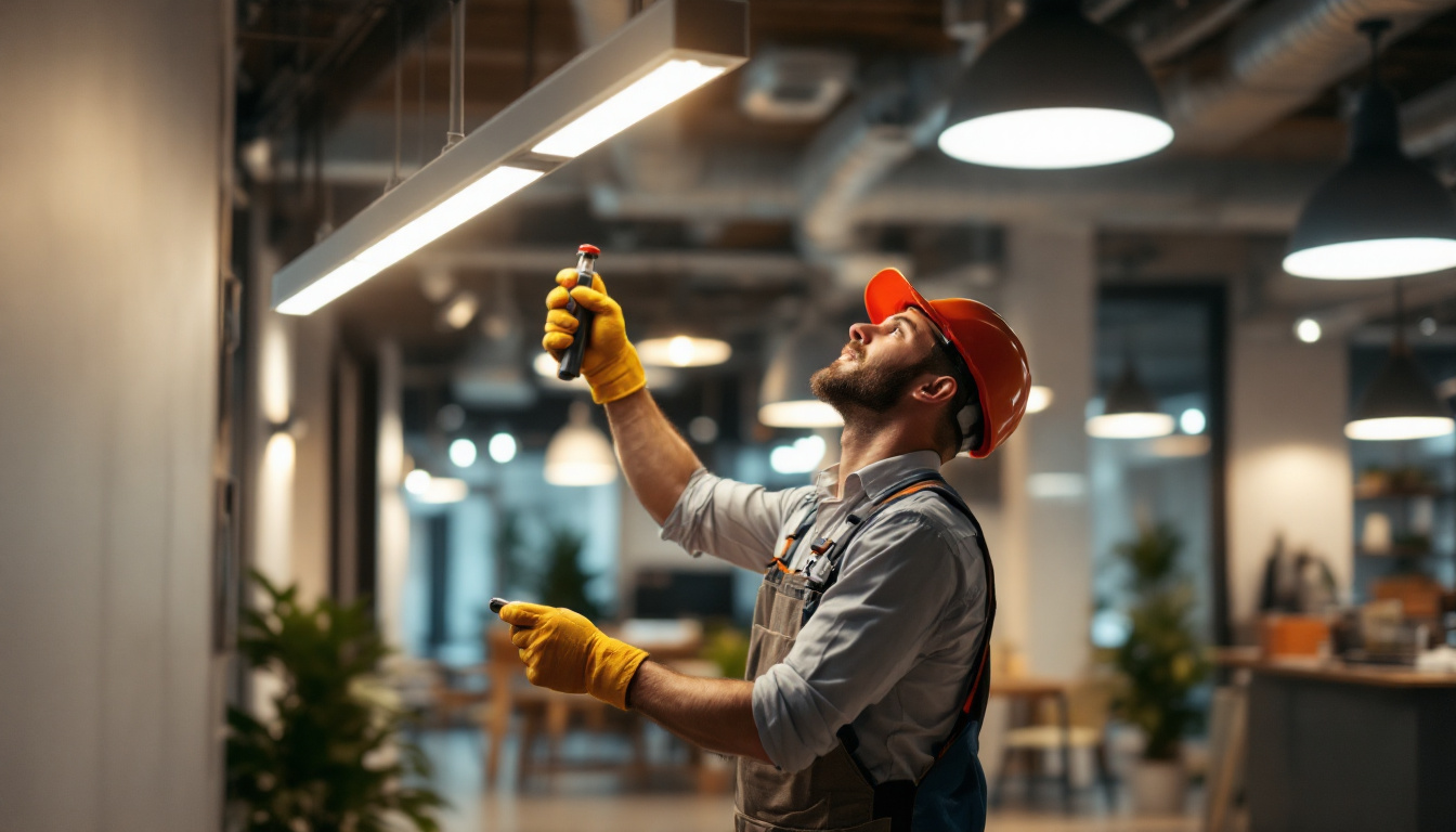 A photograph of a lighting contractor installing energy-efficient