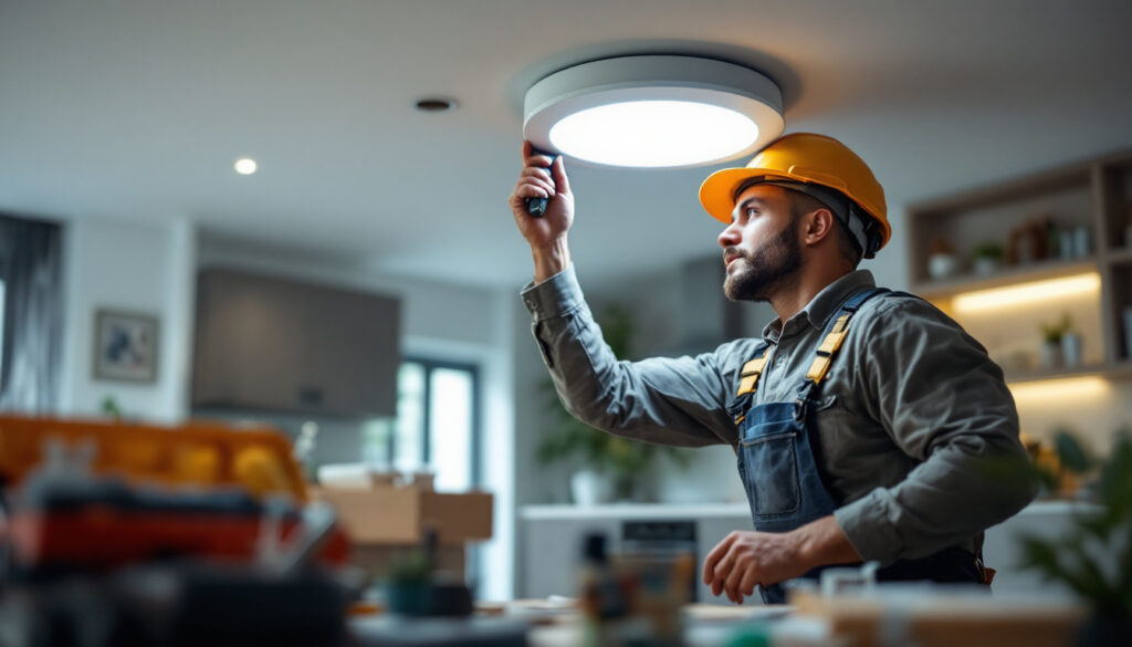 A photograph of a skilled lighting contractor installing a recessed light can in a modern home setting