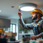 A photograph of a skilled lighting contractor installing a recessed light can in a modern home setting