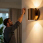A photograph of a stylish lumens wall sconce installed in a modern interior setting