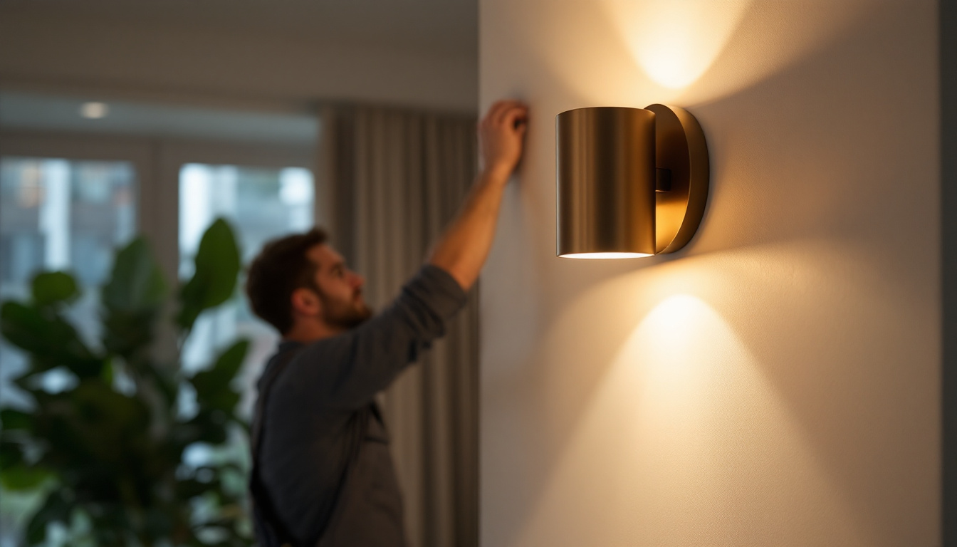 A photograph of a stylish lumens wall sconce installed in a modern interior setting
