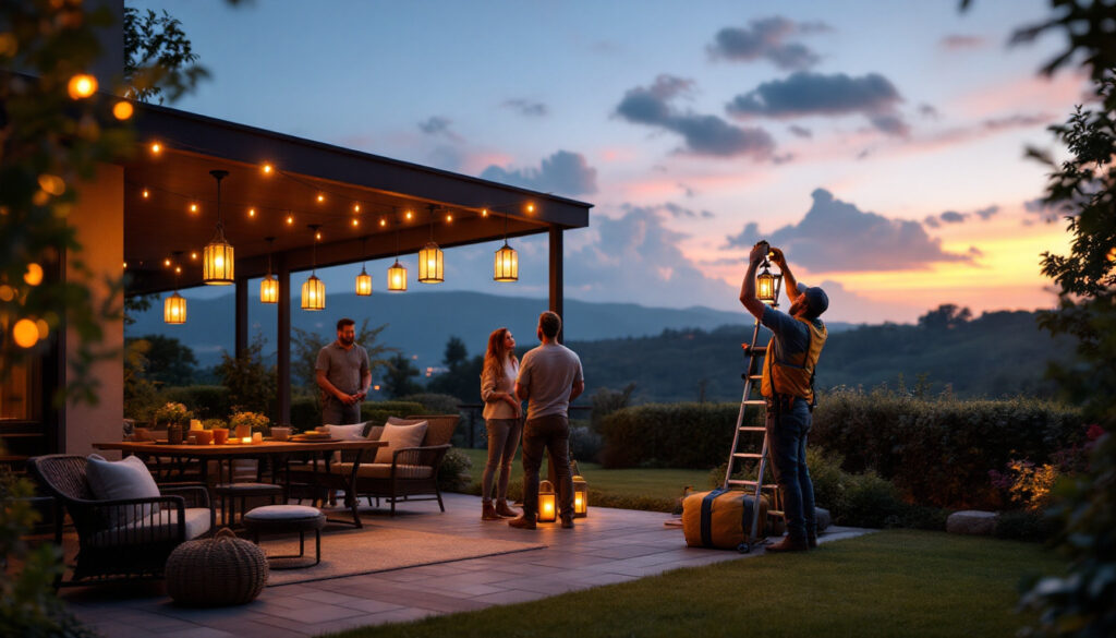 A photograph of a skilled lighting contractor installing beautifully designed hanging lanterns in a picturesque outdoor setting