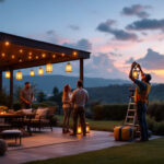 A photograph of a skilled lighting contractor installing beautifully designed hanging lanterns in a picturesque outdoor setting