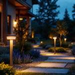 A photograph of a beautifully illuminated outdoor space featuring solar lights