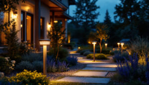A photograph of a beautifully illuminated outdoor space featuring solar lights
